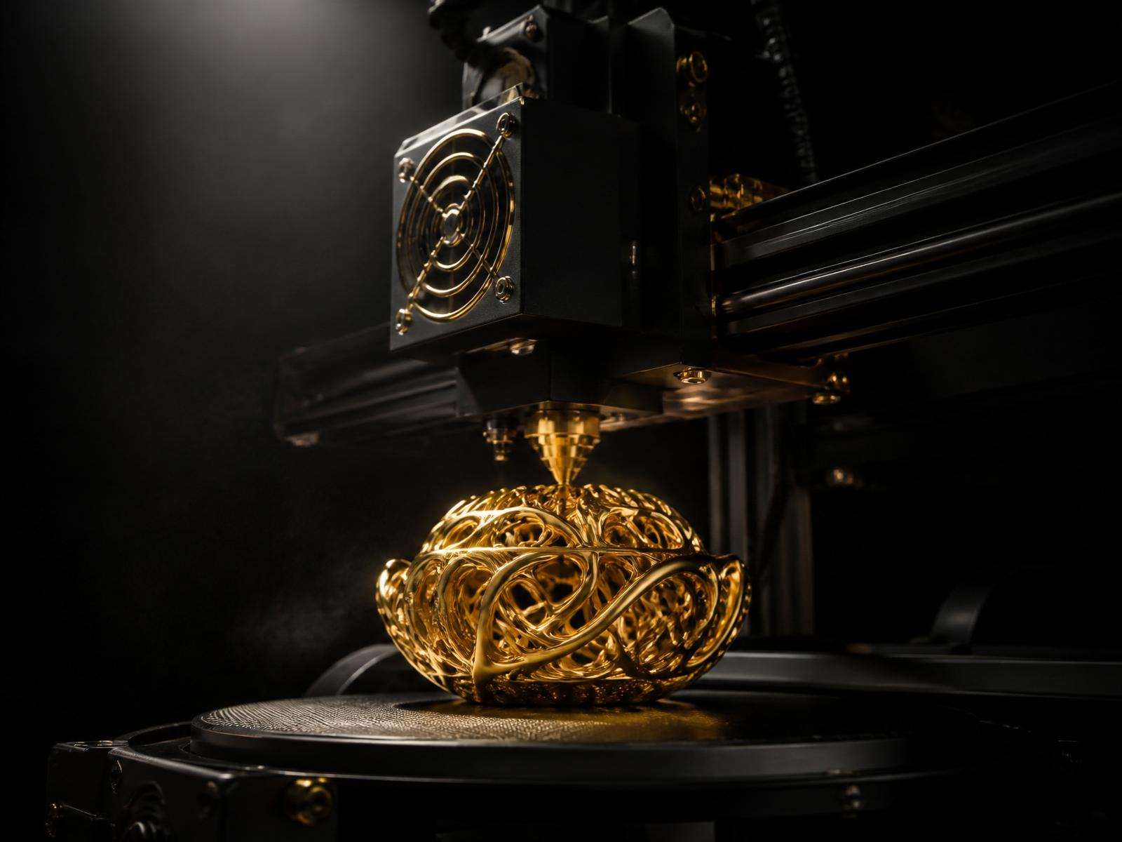 A gold filigree object being formed inside an industrial 3D printer